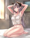  adjusting_hair armpits bare_arms bare_shoulders barefoot bed bed_sheet bedroom blue_eyes blush bottomless breasts camisole cleavage collarbone curtains day frills full_body grey_hair hands_in_hair horns indoors light_rays long_hair looking_at_viewer medium_breasts midriff mouth_hold navel on_bed original painting_(object) pointy_ears see-through seiza sitting solo stomach sunlight tadano_magu thighs toes tsurime tying_hair window 
