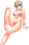  bare_shoulders bikini blush breasts brown_hair covered_nipples highres large_breasts leg_up legs long_legs original pink_bikini red_eyes short_hair simple_background sitting solo swimsuit thighs uchiu_kazuma white_background 