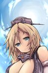  bare_shoulders beetarp blonde_hair blue_eyes blue_sky breasts cleavage cloud cloudy_sky collar day detached_sleeves hair_between_eyes headgear highres iowa_(kantai_collection) kantai_collection large_breasts long_hair looking_at_viewer sky smile solo star star-shaped_pupils sun symbol-shaped_pupils 