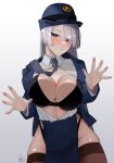  against_fourth_wall ak-15_(girls'_frontline) armband black_armband black_bridal_gauntlets black_panties blue_suit bowler_hat breasts bridal_gauntlets cleavage commentary darkpulsegg girls'_frontline girls'_frontline_2:_exilium green_armband grey_hair grey_necktie hair_over_one_eye hat highleg highleg_panties highres japan_national_police large_breasts long_hair necktie panties partially_unbuttoned police police_uniform policewoman suit sweat underwear voymastina_(b-robo_voymawari)_(girls'_frontline_2) voymastina_(girls'_frontline_2) white_background 