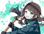  1girl :d absurdres airi_(blue_archive) airi_(halloween)_(blue_archive) american_psycho axe black_gloves black_hair blue_archive blush commentary gloves green_eyes green_halo halloween_costume halo highres hockey_mask holding holding_axe long_hair long_sleeves looking_at_viewer mask mask_on_head official_alternate_costume open_mouth paint_splatter paint_splatter_on_face patrick_bateman shanqianqian_377 smile solo upper_body 