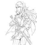  cape falchion_(fire_emblem) fingerless_gloves fire_emblem fire_emblem:_kakusei gloves greyscale highres holding holding_weapon jewelry kozaki_yuusuke long_hair lucina monochrome simple_background smile solo sword tiara weapon white_background 