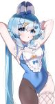  1girl absurdres animal_ear_fluff animal_ears arahashi_tabi armpits arms_behind_head arms_up blue_eyes blue_hair blush bow breasts commentary_request eyelashes fishnets hair_bow hair_ornament hairclip highres leotard long_hair looking_at_viewer navel pantyhose playboy_bunny rabbit rabbit_ears sidelocks solo stellive thigh_gap vibarravida virtual_youtuber white_background 
