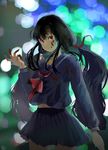  black_hair blood blood-c bloody_clothes bloody_hands blurry cowboy_shot depth_of_field hair_ribbon highres kisaragi_saya long_hair looking_at_viewer neckerchief pleated_skirt red_eyes ribbon sailor_collar school_uniform skirt solo twintails zzing 