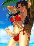  1girl armpits arms_behind_head arms_up balls beach bikini blue_eyes blush breasts brown_hair bulge cleavage elzikyuchi erection fate/stay_night fate_(series) futanari hair_ribbon large_breasts large_penis long_hair looking_at_viewer navel newhalf palm_tree penis photoshop ribbon side-tie_bikini sitakiritubame smile solo standing swimsuit tohsaka_rin veiny_penis 