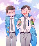  absurdres arm_around_shoulder bad_id bad_twitter_id beer_can blue_sky brothers brown_hair can cherry_blossoms closed_eyes cloud grey_neckwear heart heart_in_mouth highres jacket jacket_removed looking_at_another male_focus matsuno_karamatsu matsuno_osomatsu multiple_boys necktie o2_(o2mm) osomatsu-kun osomatsu-san siblings sky smile sunglasses walking 