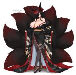  absurdres animal_ears areola_slip artist_name azur_lane black_hair black_kimono black_pantyhose black_sandals black_tail breasts cleavage commentary commission crossed_legs english_commentary flower fox_ears fox_tail friedrich_der_grosse_(azur_lane) friedrich_der_grosse_(dark_raiments_of_gagaku)_(azur_lane) full_body fur-trimmed_kimono fur_trim geta hair_over_one_eye highres horns huge_breasts japanese_clothes kemonomimi_mode kimono kitsune krass light_smile long_hair long_sleeves looking_at_viewer mechanical_horns off_shoulder official_alternate_costume pantyhose platform_sandals print_kimono red_horns revealing_clothes sandals spider_lily standing tail twitter_username two-tone_tail very_long_hair watson_cross wide_sleeves yellow_eyes 
