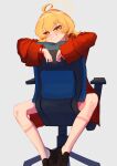  1girl absurdres ahoge black_shoes blonde_hair blue_archive blush bracelet chair commentary_request eyelashes grey_background grin hair_ribbon halo highres jewelry kneehighs long_sleeves looking_at_viewer office_chair okuta_rimu red_ribbon ribbon shoes simple_background sitting sitting_backwards smile socks solo swivel_chair twintails white_socks yellow_eyes yoshimi_(blue_archive) 