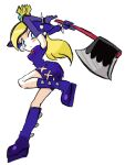  1girl absurdres axe blonde_hair blue_eyes boots commentary_request crown dress highres holding holding_weapon leg_up mario_(series) mario_power_tennis mario_tennis purple_boots purple_dress rakugaki_shitagari-ya warupeach weapon wristband 