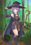  belt boots breasts cape detached_sleeves forest hai_to_gensou_no_grimgar hat knee_boots large_breasts nature pouch purple_eyes purple_hair shihoru_(grimgar) shizukage_(shizukageya) solo staff thighs tree witch_hat 