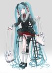  1girl absurdly_long_hair absurdres belt black_belt black_shirt black_shoes black_skirt black_sleeves black_thighhighs blue_eyes blue_hair blush bow bowtie colored_petticoat commentary_request crinoline flower_hairband frilled_sleeves frilled_socks frills full_body ghost gothic_&amp;_horror_hatsune_miku_design_contest gradient_background green_hairband grey_background hair_ribbon hairband hatsune_miku highres jacket jewelry layered_legwear layered_sleeves long_hair long_sleeves looking_at_viewer number_tattoo oversized_belt parted_lips petticoat platform_shoes puffy_long_sleeves puffy_sleeves puppet_rings puppet_strings puritan_collar red_bow red_bowtie red_nails red_ribbon ribbon ring shirt shoes short_over_long_sleeves short_sleeves shoulder_tattoo simple_background single_thighhigh skirt socks solo standing tattoo thighhighs torn_clothes torn_jacket torn_thighhighs very_long_hair vocaloid white_socks yuzuaji 