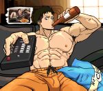  1boy abs akitaru_oubi armpit_hair bara bottle commentary controller drinking en'en_no_shouboutai english_commentary food_packaging highres holding holding_bottle holding_controller holding_remote_control indoors large_pectorals male_focus man_watching_tv_(meme) meme muscular muscular_male nipples orange_pants pants pectorals reference_inset remote_control rocckart short_hair sitting solo topless_male undercut 