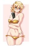  animal_print ass_visible_through_thighs between_breasts bikini blonde_hair blush breasts cleavage_cutout cropped_legs ehoumaki embarrassed food green_eyes horns large_breasts looking_at_viewer makizushi mizuhashi_parsee navel oni oni_costume ootsuki_wataru outside_border pink_background pointy_ears setsubun short_hair side-tie_bikini simple_background solo sushi swimsuit tiger_print touhou 