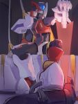  1boy absurdres android armor blonde_hair commentary_request covered_mouth energy_sword full_body helmet highres male_focus mega_man_(series) mega_man_zero_(series) mega_man_zero_3 omega_(first_form)_(mega_man) omega_(mega_man) omega_(third_form)_(mega_man) omochi_(mochi_skymega) one_eye_covered planted planted_sword red_armor red_eyes red_helmet sitting solo sword weapon 