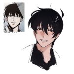  1boy ahoge black_hair black_shirt collared_shirt derivative_work grin highres kim_dokja looking_at_viewer male_focus official_art omniscient_reader's_viewpoint portrait rhaastyogurt screenshot_redraw shirt short_hair smile solo sparkle 