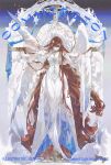  1girl absurdly_long_hair absurdres angel angel_wings armlet arms_up artist_name asymmetrical_sleeves barefoot bird blue_gem blue_ribbon bracelet breasts circlet column commentary commission cross crucifixion dress fairy feathered_wings full_body gem gold_bracelet gold_circlet gold_necklace gradient_background hair_spread_out highres jewelry lace-trimmed_dress lace_trim long_dress long_hair long_sleeves looking_at_viewer mini_person minigirl mismatched_sleeves mouth_hold necklace orange_hair original outstretched_arms parted_bangs pillar pkiiiiii ribbon ribbon_in_mouth sidelocks small_breasts solo sparkle spread_arms untranslatable_commentary very_long_hair wavy_hair white_background white_bird white_dress white_wings wings 