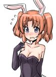  animal_ears blue_eyes blush breasts bunny_girl bunnysuit cleavage flying_sweatdrops large_breasts looking_at_viewer mikakunin_de_shinkoukei open_mouth orange_hair pink_hair purple_eyes rori_(4chan) short_hair simple_background solo source_request twintails white_background yonomori_kobeni 