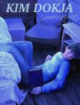  1boy bed_sheet bedroom black_hair book commentary commission couch crying desk english_commentary haisenki hand_on_own_chest highres holding holding_book indoors kim_dokja long_sleeves lying omniscient_reader's_viewpoint on_back shirt short_hair streaming_tears tears white_shirt 