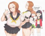  3girls ? alternate_costume amagi_yukiko ass black_hair black_sailor_collar black_skirt blunt_bangs blunt_ends bob_cut bracelet breasts brown_eyes brown_hair cardigan clothes_around_waist commentary covering_another's_eyes cowboy_shot crop_top cropped_shirt english_commentary english_text gold_bracelet grin hairband half-closed_eyes hand_on_own_hip hand_over_another's_eyes hands_on_another's_face highres inkerton-kun jacket jacket_around_waist jewelry kashiwagi_noriko kneehighs large_breasts light_blush lipstick long_hair makeup medium_hair microskirt miniskirt multiple_bracelets multiple_girls neckerchief necklace pearl_bracelet pearl_necklace persona persona_4 pleated_skirt profanity red_cardigan red_hairband sailor_collar satonaka_chie school_uniform shaka_sign shirt short_hair short_sleeves skirt smile socks solo_focus speech_bubble spoken_question_mark surprised white_shirt white_socks wide-eyed yasogami_school_uniform yellow_neckerchief 