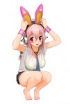  :d absurdres bare_legs barefoot blush breasts feet full_body headphones highres holding holding_shoes large_breasts long_hair looking_at_viewer necktie nitroplus open_mouth pink_hair red_eyes see-through shoes shoes_removed smile solo squatting super_sonico tiptoes toenail_polish toes tsuji_santa white_background wrist_cuffs 