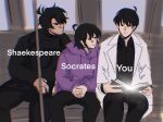  1girl 2boys black_coat black_hair black_shirt book coat collared_shirt english_text han_sooyoung highres holding holding_book hood hood_down hoodie kim_dokja meme multiple_boys omniscient_reader's_viewpoint open_book open_clothes open_coat parody popped_collar purple_hoodie rhaastyogurt shirt short_hair sitting train_interior white_coat yoo_joonghyuk 