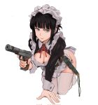  1girl apron barefoot bayonet belt black_hair black_shirt blue_eyes blunt_bangs breasts brown_belt cleavage closed_mouth commentary frilled_apron frills gun handgun highres holding holding_gun holding_weapon holstered kneeling knife_sheath long_sleeves looking_at_viewer maid maid_apron maid_headdress medium_breasts neck_ribbon original pb_pistol red_ribbon ribbon sheath shirt simple_background solo suppressor thighhighs wani_(perfect_han) weapon white_apron white_background white_thighhighs white_wrist_cuffs wispy_bangs wrist_cuffs 