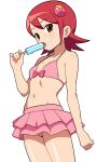  1girl absurdres arm_at_side armpit_crease bare_arms bare_shoulders bikini bikini_skirt bow bow_bikini breasts brown_eyes collarbone commentary cowboy_shot dripping eating fingernails food food_on_body food_on_breasts frilled_bikini frills groin hair_ornament hairclip hand_up highres holding holding_food holding_popsicle layered_skirt licking light_blush looking_at_viewer mayl_sakurai_(mega_man) mega_man_(series) mega_man_battle_network_(series) melting navel nipehi open_mouth pink_bikini pink_bow popsicle red_hair short_hair sidelocks simple_background skirt small_breasts solo standing swimsuit thighs tongue tongue_out white_background 