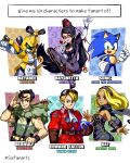  2girls 4boys abs aiming arm_mounted_weapon arm_up armor aviator_goggles bare_shoulders bayonetta bayonetta_(series) belt beowulf_(skullgirls) black_bodysuit black_hair black_scarf blonde_hair blue_eyes blue_fur blue_gem bodysuit breastplate breasts brown_gloves candy cannon clothing_cutout commentary cornflowerblue covered_abs edward_fokker elbow_gloves english_commentary english_flag faulds flight_suit food from_side full_body gem glasses gloves goggles goggles_on_head gravity_daze green_eyes gun hair_ribbon hairband helmet high_heels highres holding holding_candy holding_food holding_gem holding_lollipop horns humanoid_robot kitten_(gravity_daze) large_breasts leotard lipstick lollipop long_hair looking_at_viewer makeup male_focus mecha medarot metabee mole mole_under_mouth multicolored_gem multiple_boys multiple_girls muscular muscular_male open_mouth pilot pink_lips power_stone purple_gem red_eyes ribbon robot scarf short_hair shoulder_armor sidelocks skullgirls sleeveless smile solo sonic_(series) sonic_the_hedgehog suspenders teeth upper_body upper_teeth_only weapon white_gloves wristband yellow_armor yellow_helmet 