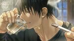  2boys absurdres adam's_apple ameamezou arm_up black_hair black_shirt cigarette commentary_request cup drinking from_side fushiguro_toji grey_eyes highres holding holding_cigarette holding_cup jujutsu_kaisen long_bangs long_sleeves male_focus multiple_boys parted_lips shirt shiu_kong short_hair smile smoke smoke_trail solo_focus watermark 