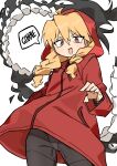  1girl 1other absurdres black_leggings blonde_hair braid commentary_request demon extra_eyes furrowed_brow gabriel_(yomi_no_tsugai) gabu_(yomi_no_tsugai) highres hood hoodie leggings open_mouth red_eyes red_hoodie speech_bubble twin_braids yomi_no_tsugai yuateheng 