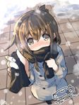  alternate_costume artist_name blush brown_eyes brown_hair coat commentary_request darkside from_above hair_between_eyes inazuma_(kantai_collection) kantai_collection long_hair looking_at_viewer looking_up outdoors scarf snow snowing solo 