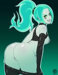  2016 artist_name ass black_gloves blue_hair breasts collar danny_phantom dated earrings elbow_gloves ember_mclain from_behind ghost gloves gradient gradient_background green_eyes green_skin grin highres huge_ass jewelry lips looking_at_viewer looking_back medium_breasts multiple_piercings nipple_piercing nipples outline pants_pull parted_lips piercing ponytail pussy revtilian shirt_lift smile solo spiked_collar spikes watermark 