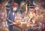  1boy 1girl balloon birthday_cake black_thighhighs blonde_hair blue_jacket cake calem_(pokemon) commentary_request eyewear_on_headwear fennekin flower_pot food froakie fruit grey_eyes happy_birthday hat heart highres jacket kyling looking_at_another mega_ring night pink_hat pokemon pokemon_(creature) pokemon_x_and_y portrait_(object) red_hat serena_(pokemon) shirt signature sitting sleeveless sleeveless_shirt smile strawberry sunglasses table thighhighs window 