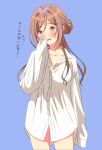  1girl absurdres bare_legs blue_background blue_eyes blush bottomless boyfriend's_shirt breasts brown_hair cleavage collarbone collared_shirt commentary_request gakuen_idolmaster hair_between_eyes hair_up head_tilt highres himesaki_rinami idolmaster large_breasts long_hair long_sleeves looking_at_viewer nervous_smile open_mouth oversized_clothes oversized_shirt partially_unbuttoned shinonome_sakura shirt simple_background sleeves_past_fingers sleeves_past_wrists smelling smelling_clothes smile solo sweat sweatdrop white_shirt 