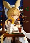  1girl absurdres animal_ears arknights bendy_straw blonde_hair blurry blush breasts brown_skirt chocolate_milk cleavage cleavage_cutout clothing_cutout coat commentary depth_of_field dorothy_(arknights) drinking_straw english_text euphemise gloves hair_intakes hat head_rest highres holly indoors lab_coat looking_to_the_side medium_hair merry_christmas mouse_ears mouse_girl off_shoulder open_clothes open_coat shirt single_glove skirt smile solo table untranslatable_commentary white_coat white_hat white_shirt yellow_eyes yellow_gloves 
