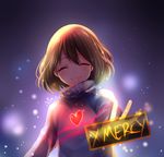  androgynous artist_name brown_hair closed_eyes english frisk_(undertale) gameplay_mechanics glowing head_tilt heart highres long_sleeves sasucchi95 smile solo striped striped_sweater sweater undertale upper_body 