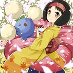  :3 :d abe_kanari bangs black_hair blush cherry_blossoms closed_mouth cotton_ball creature erika_(pokemon) eyebrows eyebrows_visible_through_hair flower flying gen_1_pokemon gen_2_pokemon green_eyes heterochromia holding holding_poke_ball jumpluff leaf leaf_print long_sleeves looking_at_viewer open_mouth pink_eyes plant poke_ball pokemon pokemon_(creature) pokemon_(game) pokemon_hgss red_eyes short_hair simple_background smile tareme vileplume white_background 