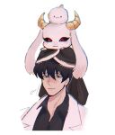  animal bihyung biyoo_(omniscient_reader's_viewpoint) black_hair black_sclera black_shirt coat collared_shirt colored_sclera cropped_shoulders highres kim_dokja male_focus omniscient_reader's_viewpoint red_eyes rhaastyogurt shirt short_hair smile stack veil white_coat 
