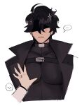  ... 2boys black_coat black_hair black_shirt chest_belt coat eyes_in_shadow hand_on_another's_chest highres kim_dokja male_focus multiple_boys omniscient_reader's_viewpoint partially_shaded_face pectoral_grab popped_collar pov pov_hands rhaastyogurt shirt short_hair sparkle spoken_ellipsis spoken_expression yaoi yoo_joonghyuk 