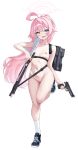  1girl ahoge beretta_1301 beretta_92 black_shoes blue_archive blue_eyes commentary_request full_body gun halo handgun heterochromia highres holding holding_gun holding_weapon horegi hoshino_(blue_archive) korean_commentary long_hair navel nipples nude open_mouth pink_hair pink_halo ponytail pussy shoes shotgun simple_background smile socks solo standing standing_on_one_leg weapon white_background white_socks yellow_eyes 