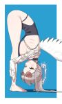  1girl barefoot bent_over black_one-piece_swimsuit blue_archive blue_background breast_press breasts brown_hair commentary_request eyewear_on_head full_body halo highres korean_commentary large_breasts long_hair looking_at_viewer malsan nagisa_(blue_archive) nagisa_(swimsuit)_(blue_archive) official_alternate_costume one-piece_swimsuit ponytail red-tinted_eyewear red_halo sideboob simple_background smile solo swimsuit tinted_eyewear white_wings wings yellow_eyes 