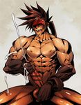  1boy abs bara blush cum drooling gairen gloves guilty_gear male_focus masturbation muscle nude pecs penis saliva sol_badguy solo testicle_grab testicles 