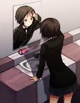  amagami bad_id bad_pixiv_id bathroom black_jacket black_skirt brown_eyes brown_hair comb cowboy_shot from_behind hand_on_own_face highres indoors jacket kibito_high_school_uniform kurosawa_noriko long_sleeves looking_at_mirror mirror pencil_case pleated_skirt reflection school_uniform short_hair sink skirt solo standing water wiori_(mashiro_miracle) 