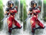  1girl arm_guards armor bodysuit breasts brown_eyes brown_hair commentary covered_navel english_commentary eu03 high_ponytail highres large_breasts long_hair looking_at_viewer multiple_views ponytail red_bodysuit sheath shoulder_armor soulcalibur taki_(soulcalibur) torn_clothes water waterfall 
