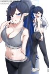  1girl absurdres ass black_hair black_pants blue_archive blue_eyes blue_hair blue_halo blush breasts cleavage commentary grey_sports_bra halo high_ponytail highres large_breasts long_hair looking_at_viewer multicolored_hair multiple_views navel pants pointy_ears ponytail ragnaveldt rin_(blue_archive) shoes simple_background sports_bra stomach sweat tongue tongue_out two-tone_hair very_long_hair white_background white_shoes yoga_pants 