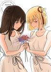  2girls blonde_hair blue_flower brown_hair commentary_request dress flower hair_ribbon highres holding_hands inoue_takina long_hair lycoris_recoil lycoris_uniform mizuki_(mi_lycoreco) multiple_girls nishikigi_chisato one_side_up red_eyes red_flower red_ribbon ribbon short_hair simple_background sleeveless sleeveless_dress spider_lily twitter_username watermark white_background white_dress yuri 