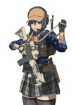  1girl ammunition_pouch assault_rifle bulletproof_vest commentary_request flannel geissele_urg-i gun hat highres m4_carbine original pantyhose pouch rifle skirt user_ugss3332 weapon 