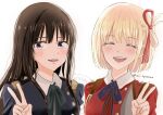  2girls blonde_hair blue_dress blue_ribbon blush closed_eyes commentary_request dress green_ribbon hair_ribbon highres inoue_takina lycoris_recoil lycoris_uniform mizuki_(mi_lycoreco) multiple_girls neck_ribbon nishikigi_chisato open_mouth parted_lips purple_eyes red_dress red_ribbon ribbon short_hair simple_background smile upper_body v white_background 
