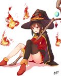  between_legs black_hair black_legwear blush cape commentary fingerless_gloves fire gloves haruato hat highres kono_subarashii_sekai_ni_shukufuku_wo! long_legs megumin open_mouth red_eyes revision short_hair signature simple_background single_thighhigh sitting solo staff thighhighs white_background witch_hat 