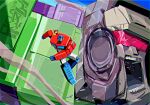  1girl autobot blue_eyes broken_glass brown_hair clenched_hands commentary decepticon devastator_(transformers) english_commentary gameoverse glass highres holding kit_bodega mecha mecha_focus optimus_prime primusibi punching red_eyes robot short_hair transformers transformers_devastation 